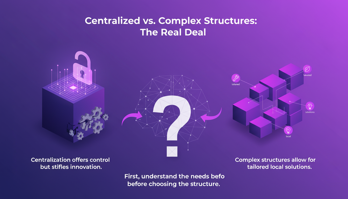 Modern illustration of centralized vs complex structures with geometric shapes and indigo-violet gradients, highlighting AI technology.