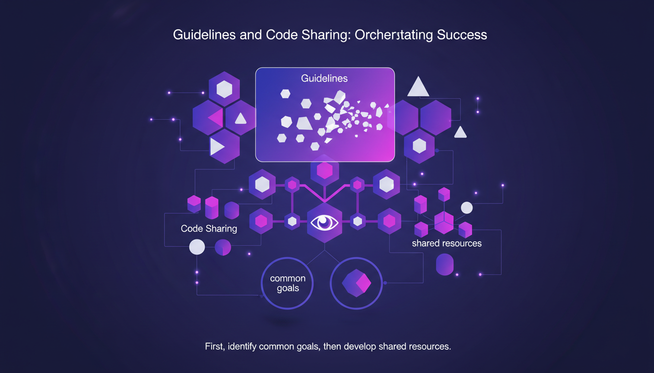 Modern minimalist illustration on code sharing and guidelines in AI, featuring geometric shapes and indigo-violet gradients.