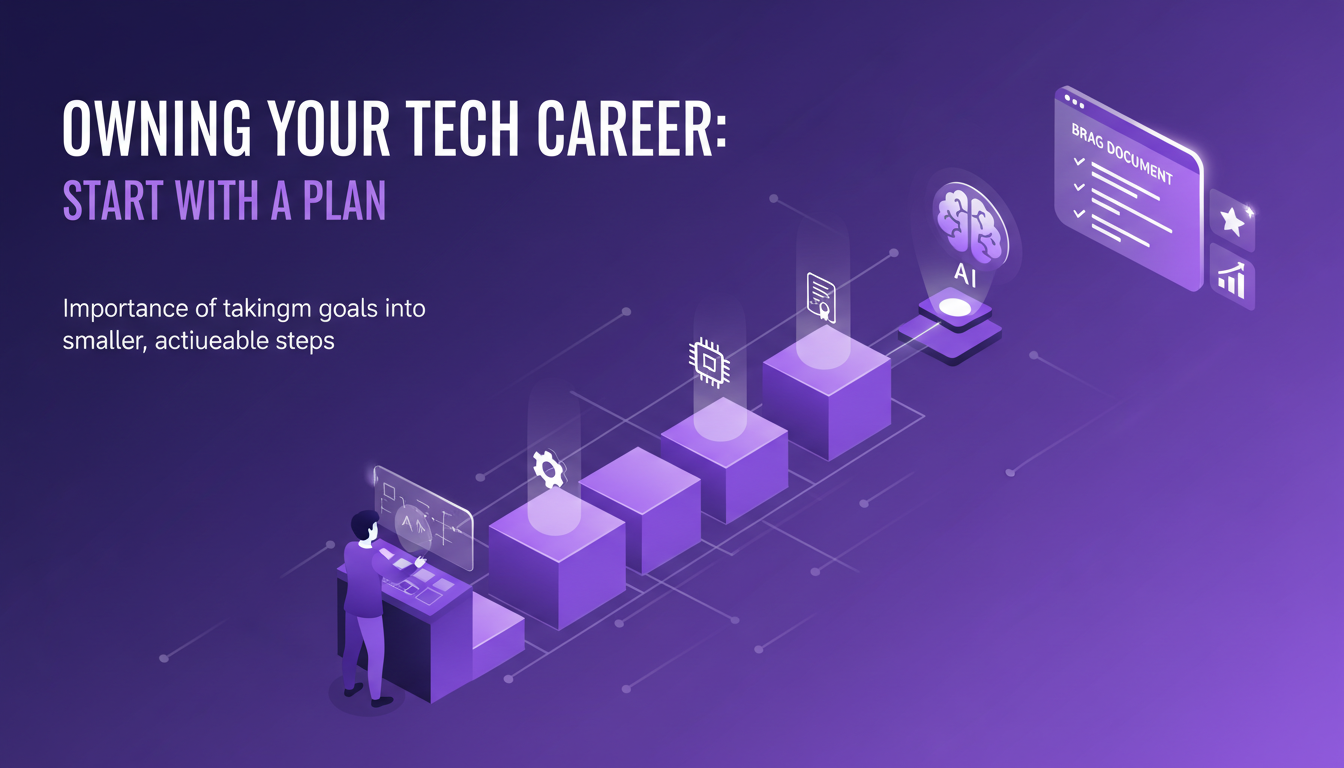 Modern illustration of tech career planning with geometric shapes, depicting taking charge of one's professional path.