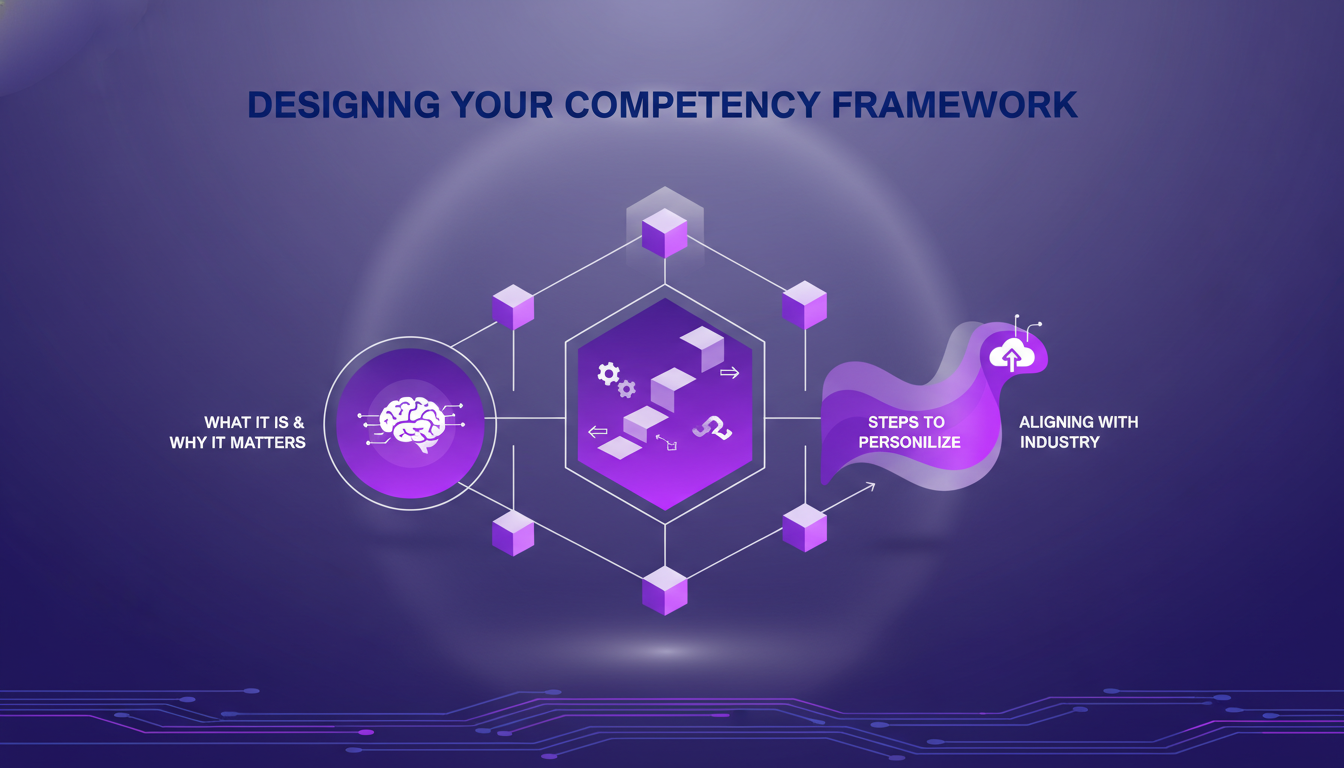 Modern illustration of competency framework design with geometric shapes and indigo-violet gradients, symbolizing AI-driven innovation.