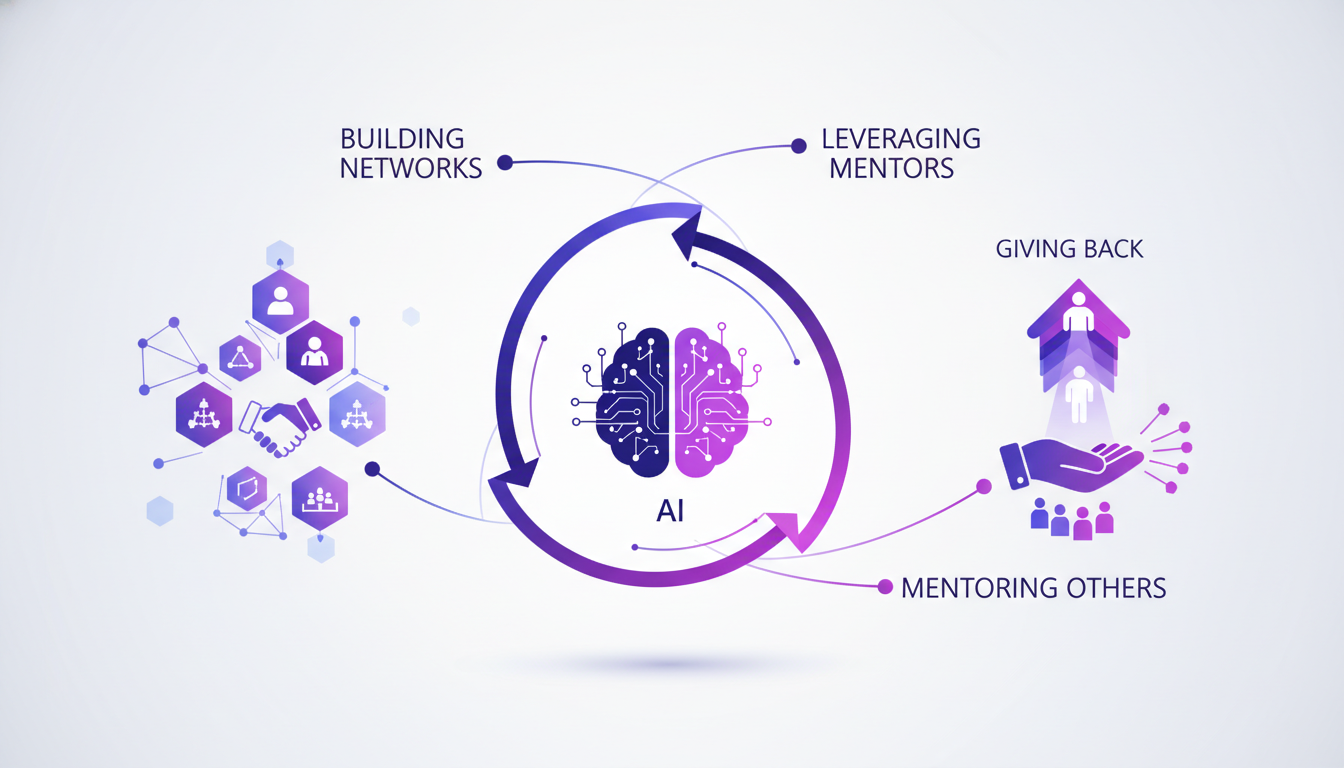 Modern, professional illustration depicting the power of mentorship and networking with geometric shapes and subtle gradient overlays.