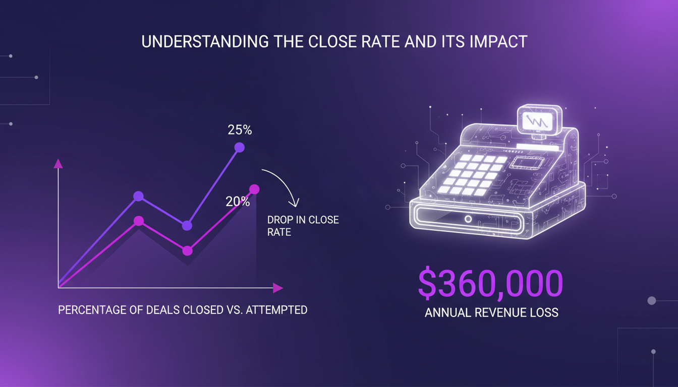 Modern illustration of close rate in violet and indigo, depicting impact of drops from 25% to 20% on annual revenue.