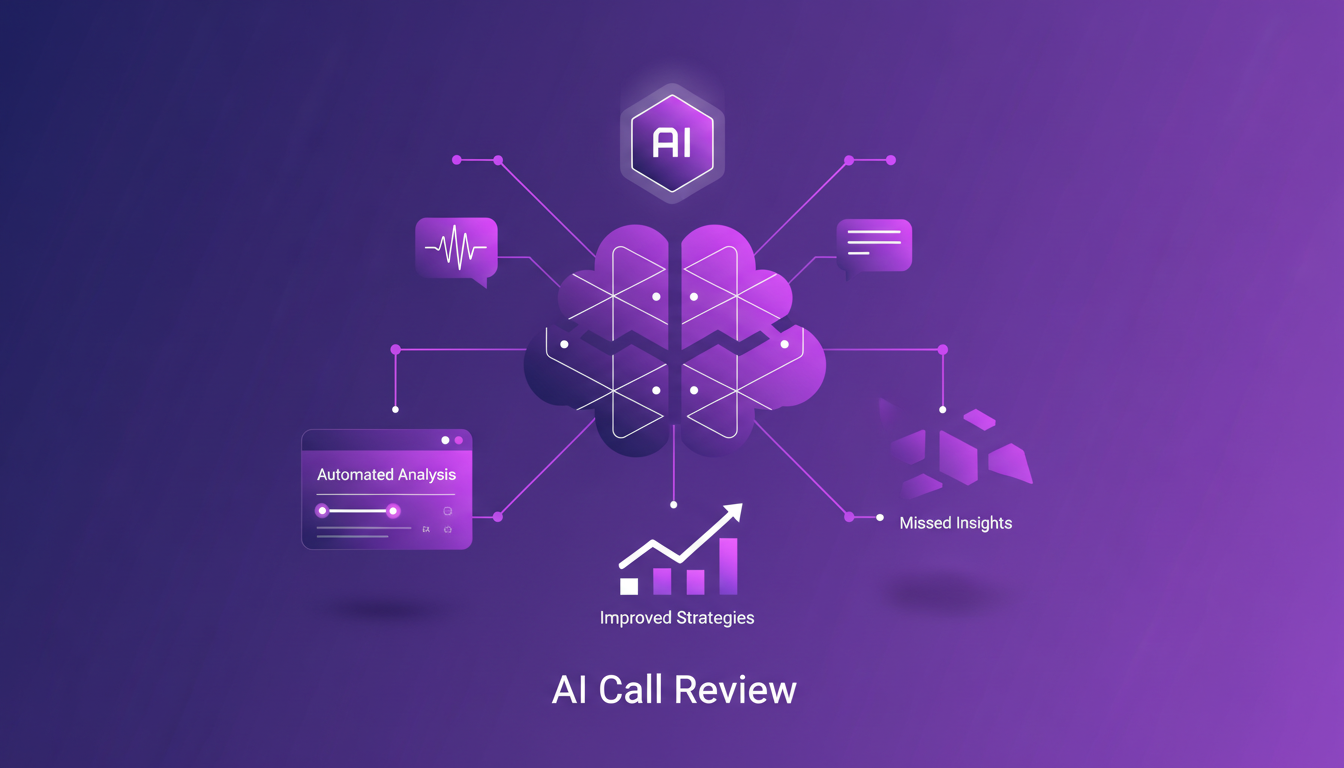 Modern illustration of AI enhancing call reviews, featuring geometric shapes and gradients in indigo and violet hues.