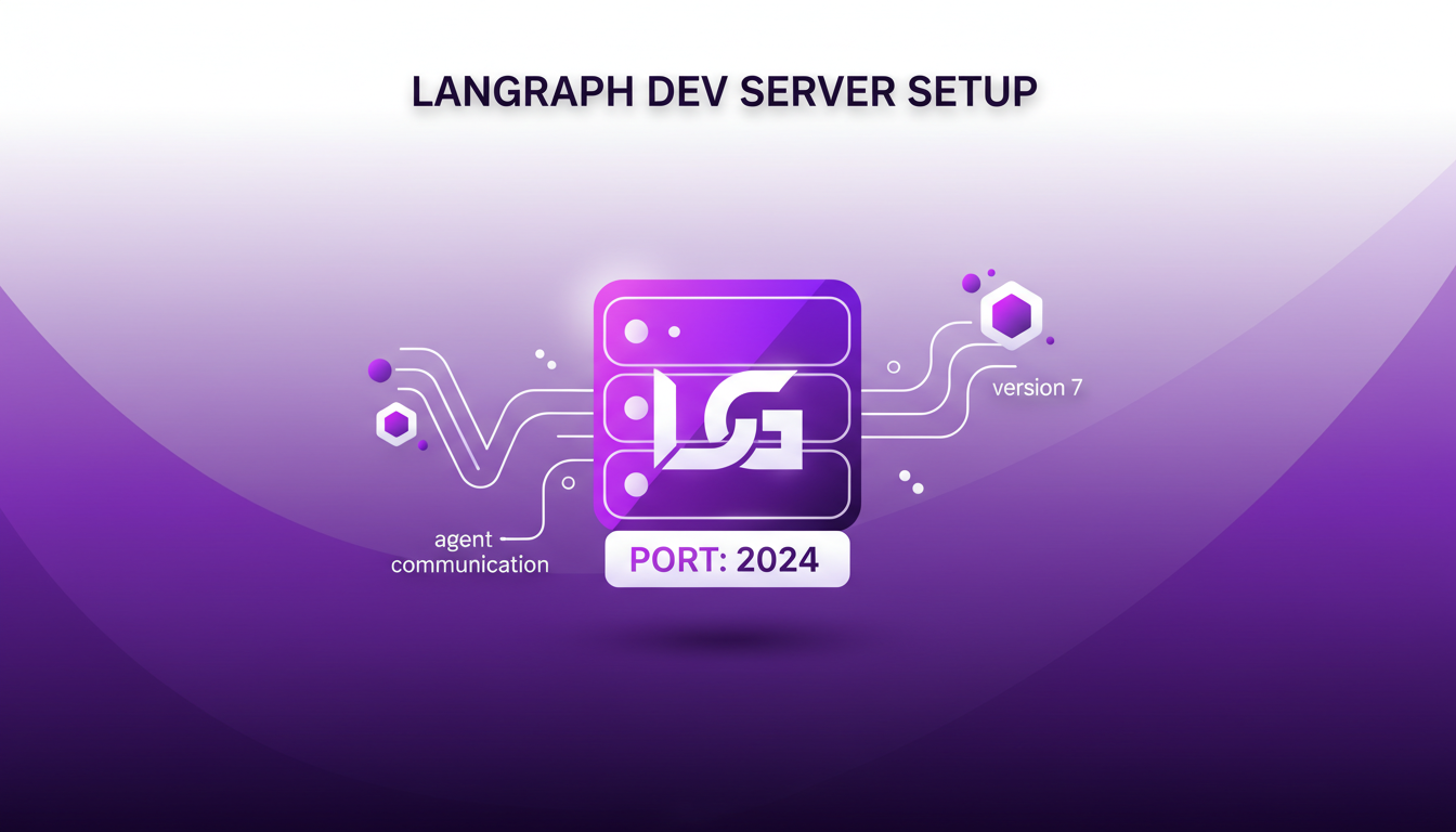 Illustration moderne de la configuration du serveur Langraph Dev avec des formes géométriques et des dégradés violets.