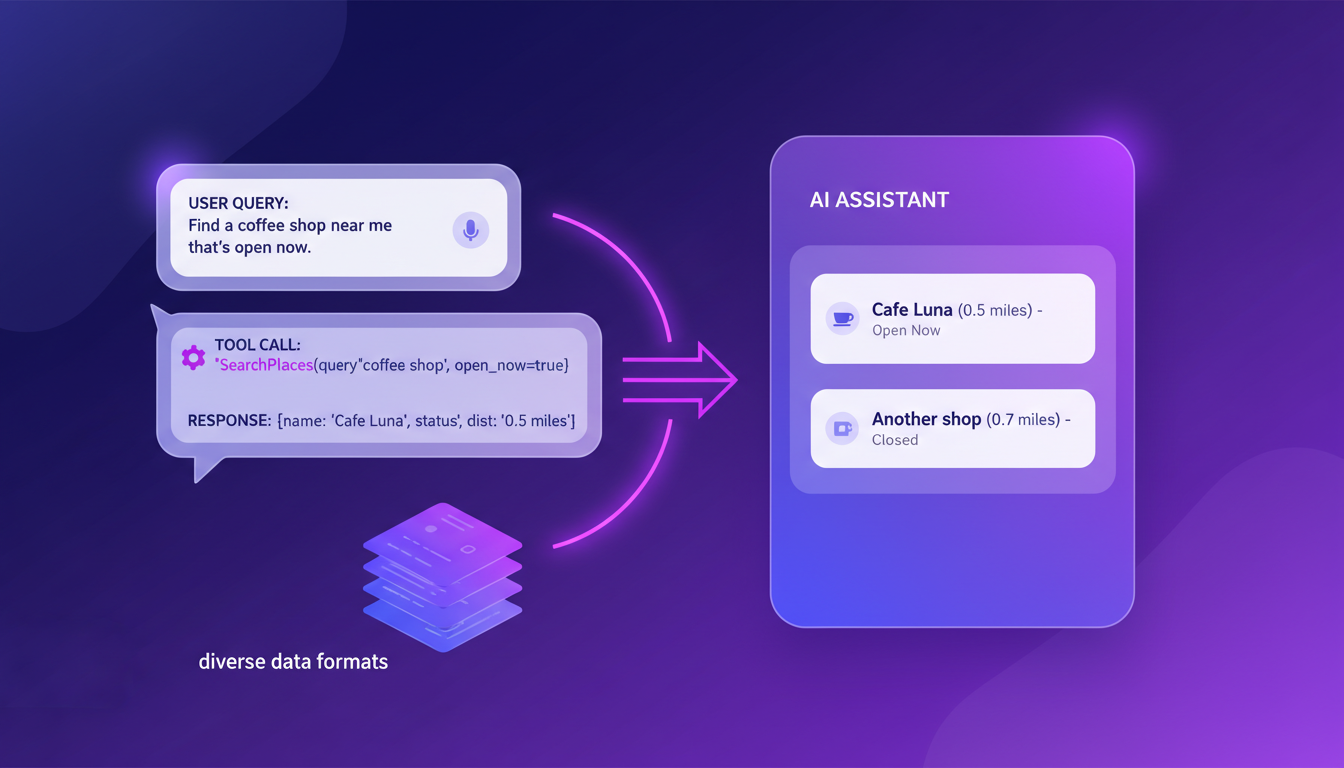 Illustration moderne UI avec messages et appels d'outils, utilisant des dégradés indigo et violet, lignes épurées pour une expérience utilisateur fluide.