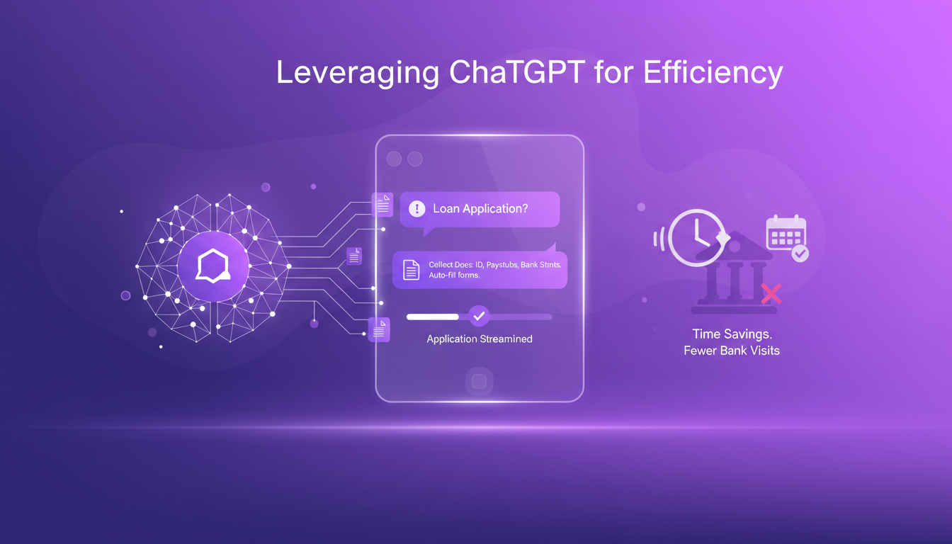 Illustration moderne de ChatGPT pour l'efficacité, montrant l'optimisation des demandes de prêt avec des formes géométriques et des dégradés.