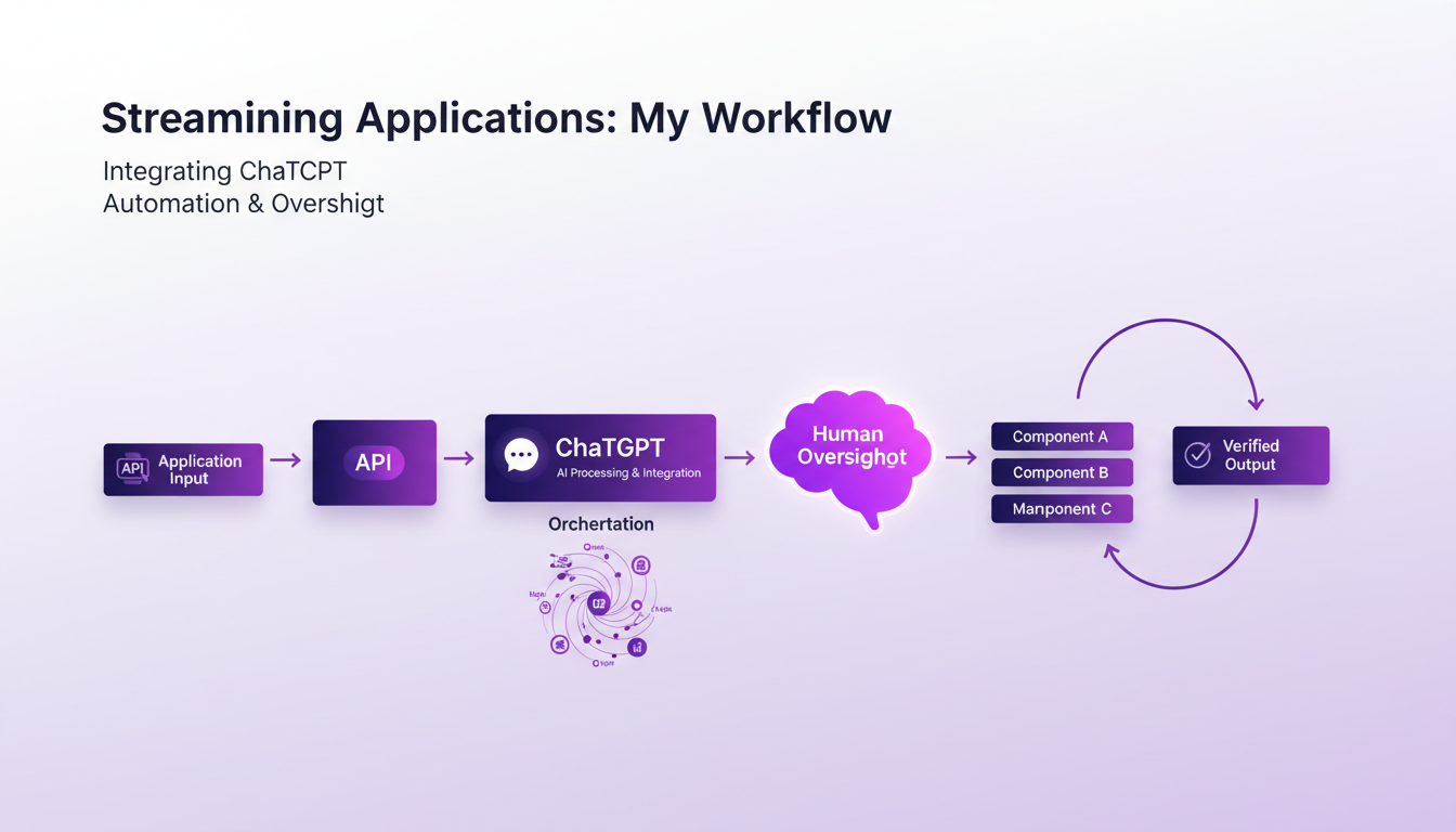 Illustration moderne minimaliste montrant l'intégration de ChatGPT dans le flux de travail, avec formes géométriques et dégradés violets.