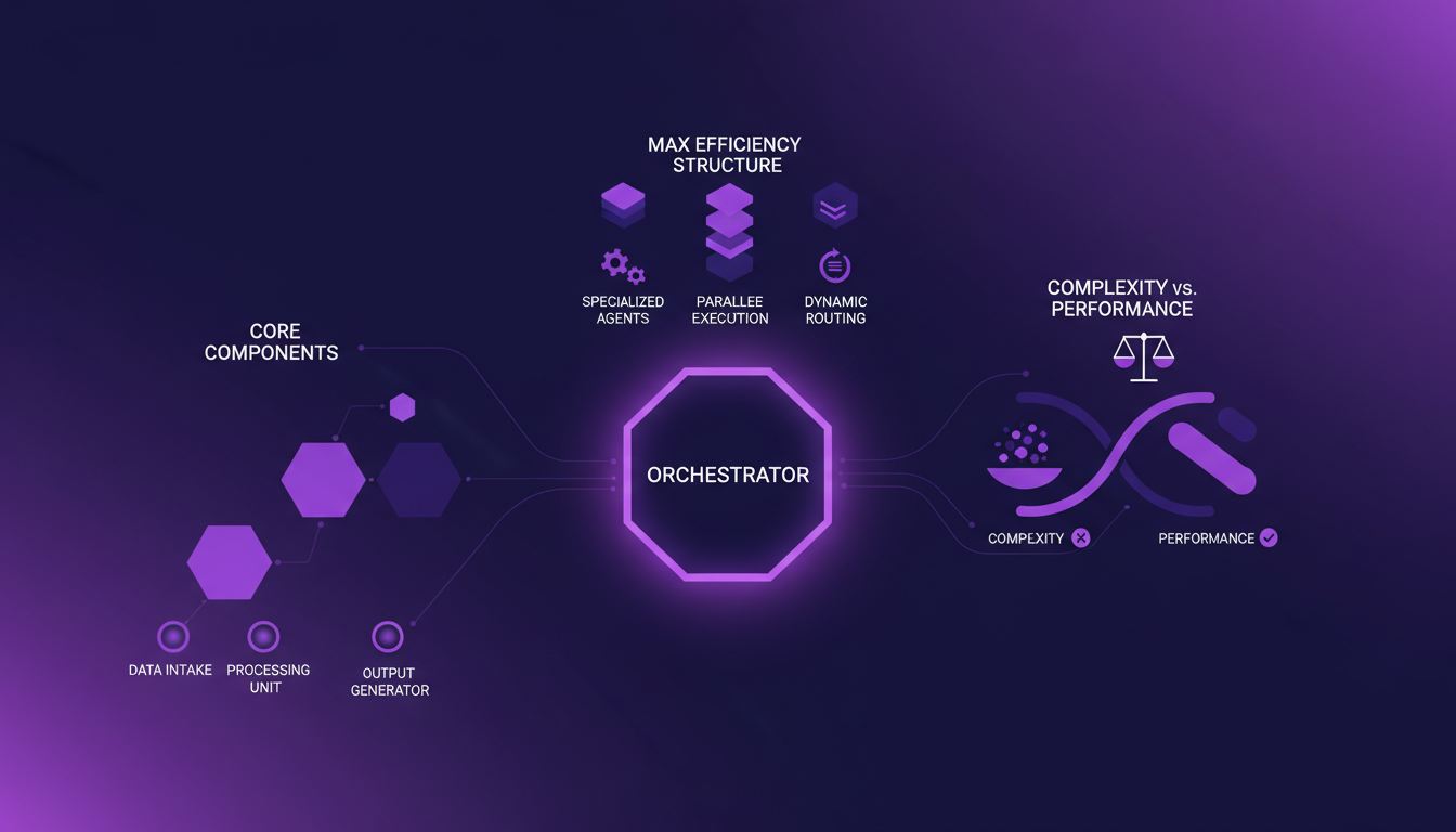 Illustration moderne de l'architecture des sous-agents en IA, avec formes géométriques et dégradés indigo-violet.