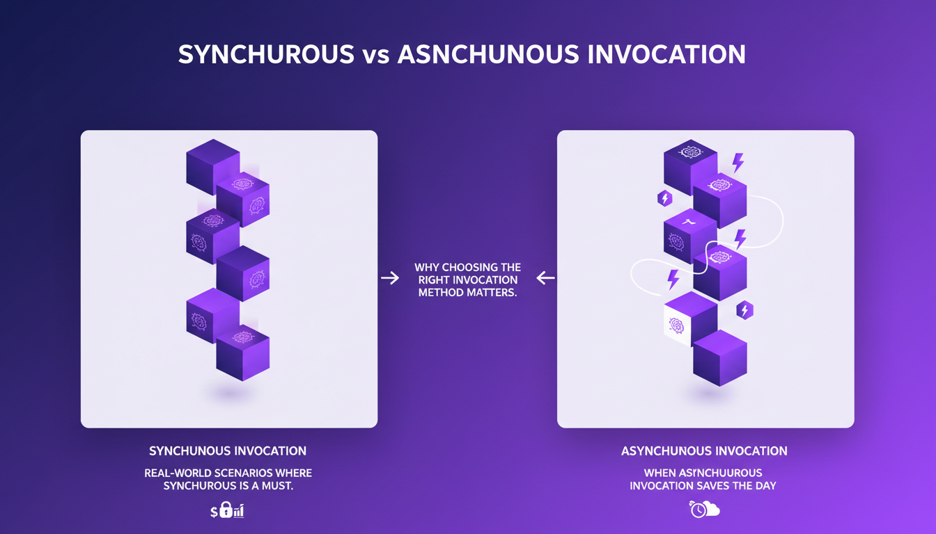 Illustration moderne de l'invocation synchrone vs asynchrone, avec formes géométriques et dégradés, pour un article sur l'IA.
