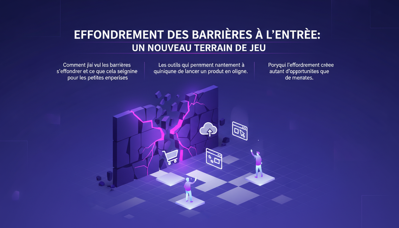 Modern illustration of barriers collapsing, symbolizing opportunities for small businesses with AI technology.
