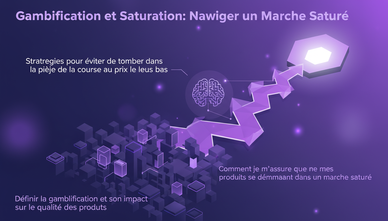 Modern illustration on gamblification and market saturation with geometric shapes and violet gradients.