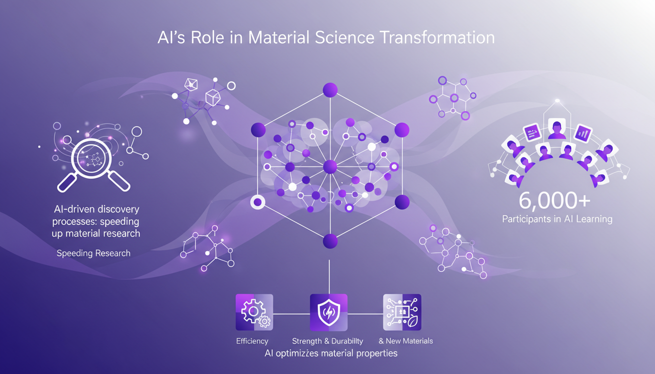 Modern illustration of AI transforming material science with 6,000+ participants, optimizing material properties.