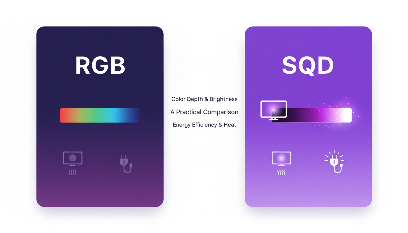 Modern illustration comparing RGB and SQD technologies with geometric shapes, highlighting energy efficiency and heat management benefits.