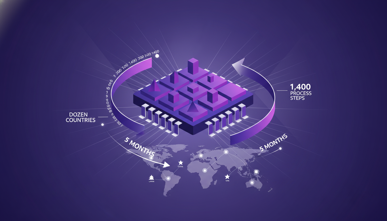 Modern illustration of complex AI chip manufacturing, 1,400 steps over five months, processes spanning twelve countries, indigo and violet colors.