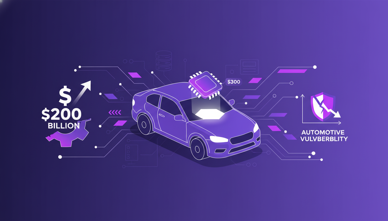 Modern illustration depicting semiconductor shortages' impact on automotive industry, featuring stylized chips and cars.