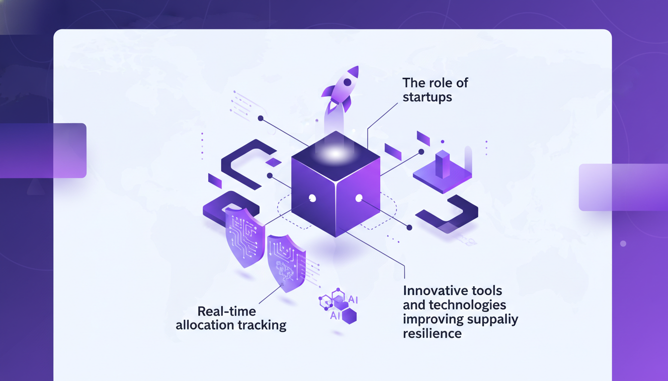 Modern illustration of supply chain management with AI technology, startups, and innovative tools, in indigo and violet palette.