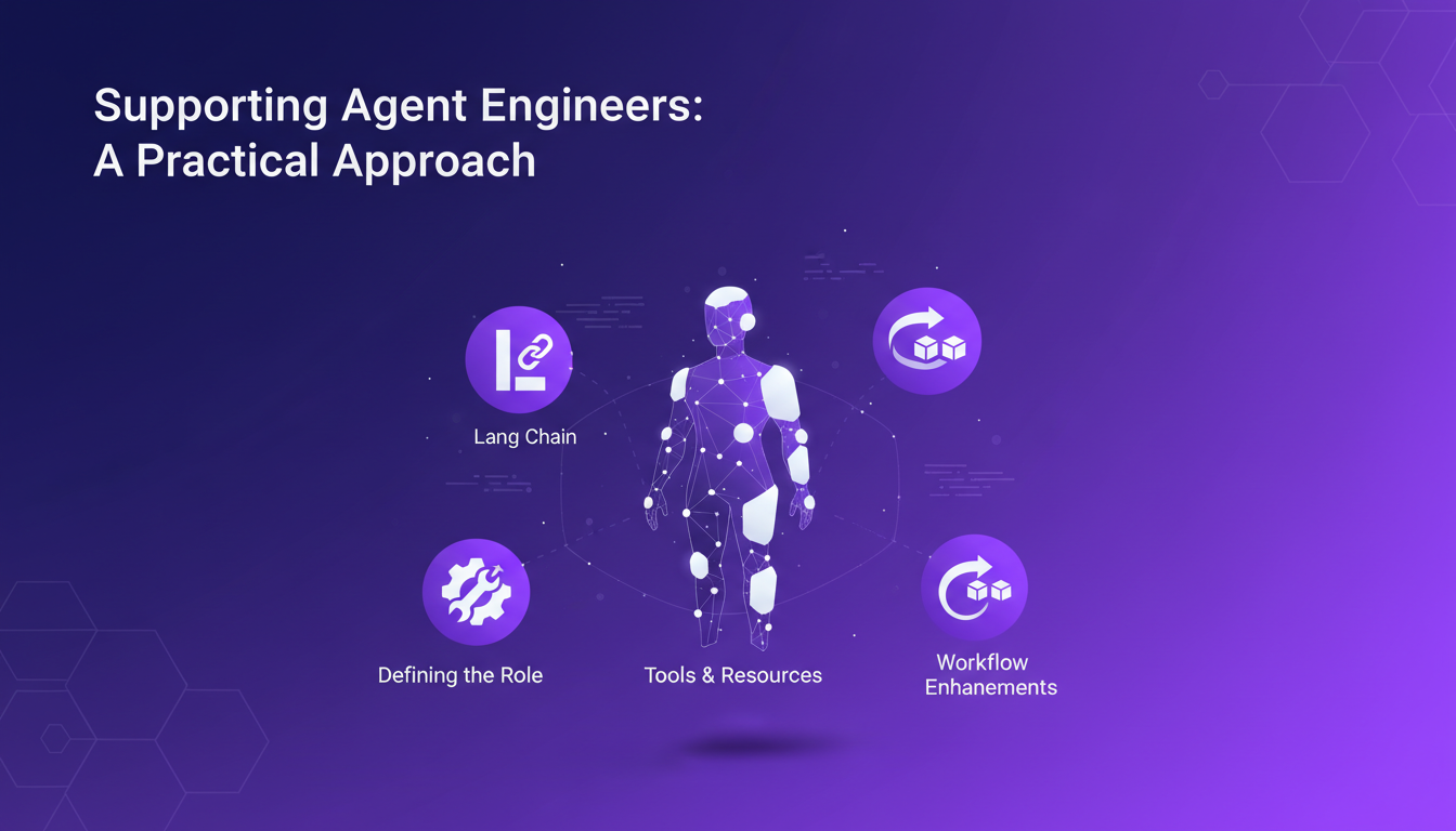 Modern minimalist illustration of agent engineers supported by Lang Chain, featuring geometric shapes and indigo-violet gradients.