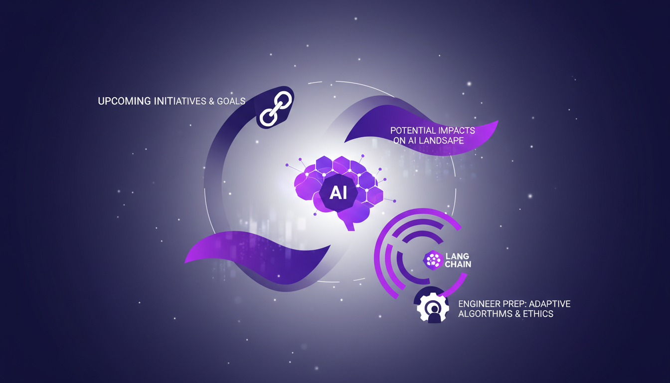 Modern illustration depicting the future of Lang Chain and AI development, featuring geometric shapes and violet gradients.
