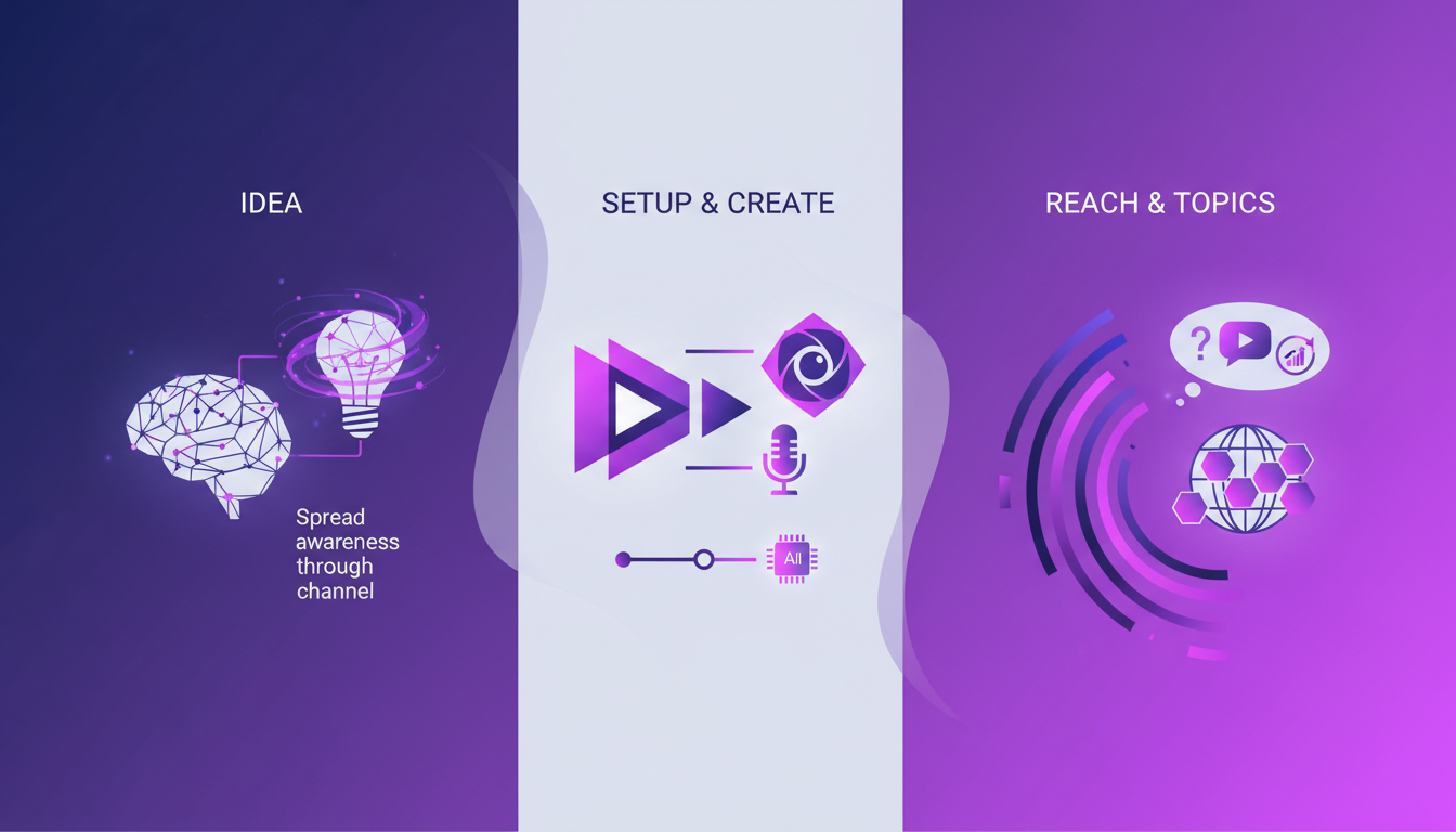 Modern illustration of launching a YouTube channel, depicting the journey from idea to execution with geometric shapes and gradient overlays.