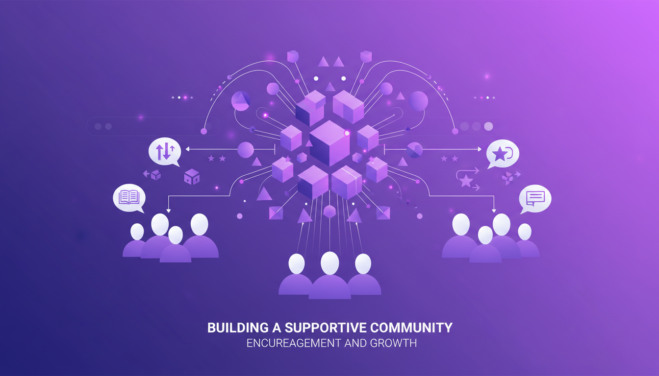 Modern illustration of a supportive community with geometric shapes and violet hues, symbolizing encouragement and growth.