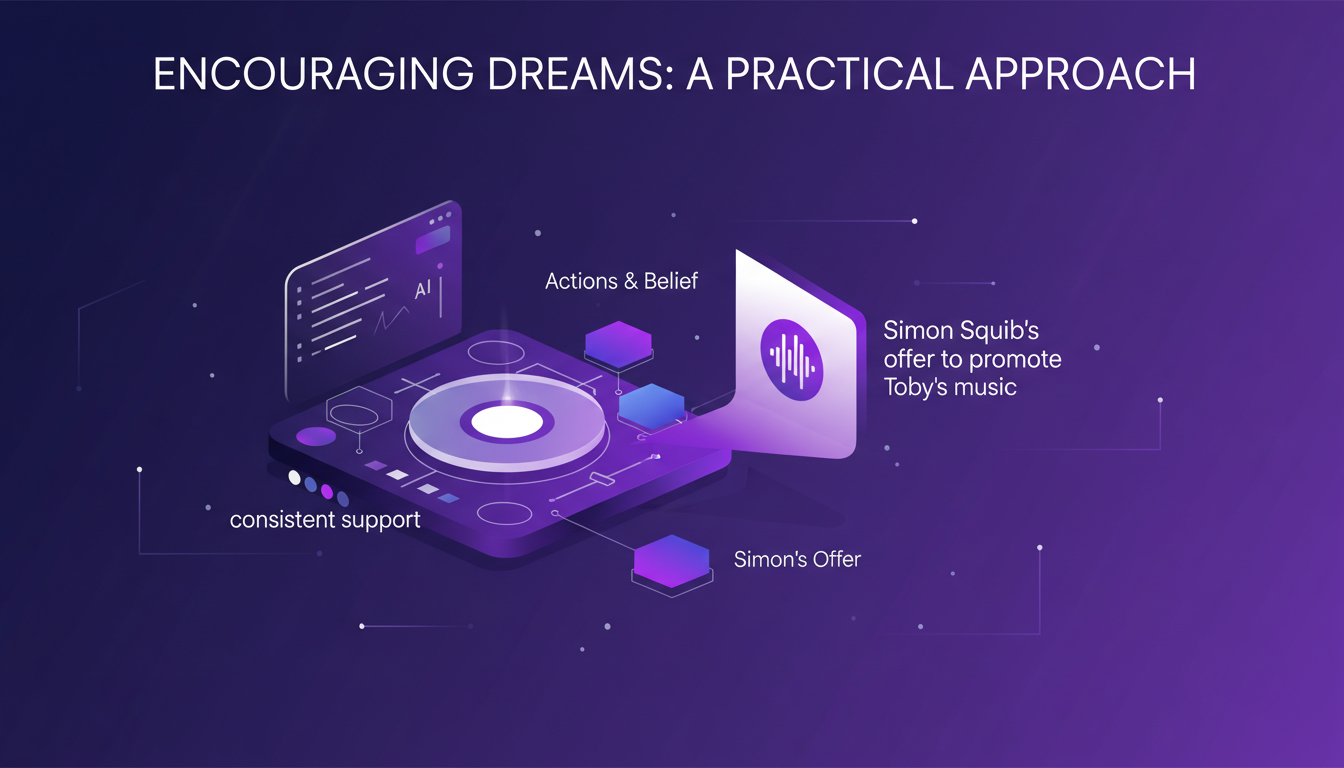 Illustration moderne minimaliste montrant le soutien dans la réalisation des rêves avec des formes géométriques et des dégradés indigo.