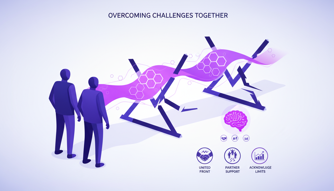 Illustration moderne minimaliste montrant Adam et Toby surmontant des défis ensemble grâce à la technologie IA, palette indigo et violet.