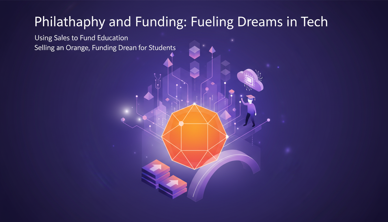 Illustration moderne de philanthropie en tech, avec formes géométriques et dégradés violet, symbolisant le financement éducatif