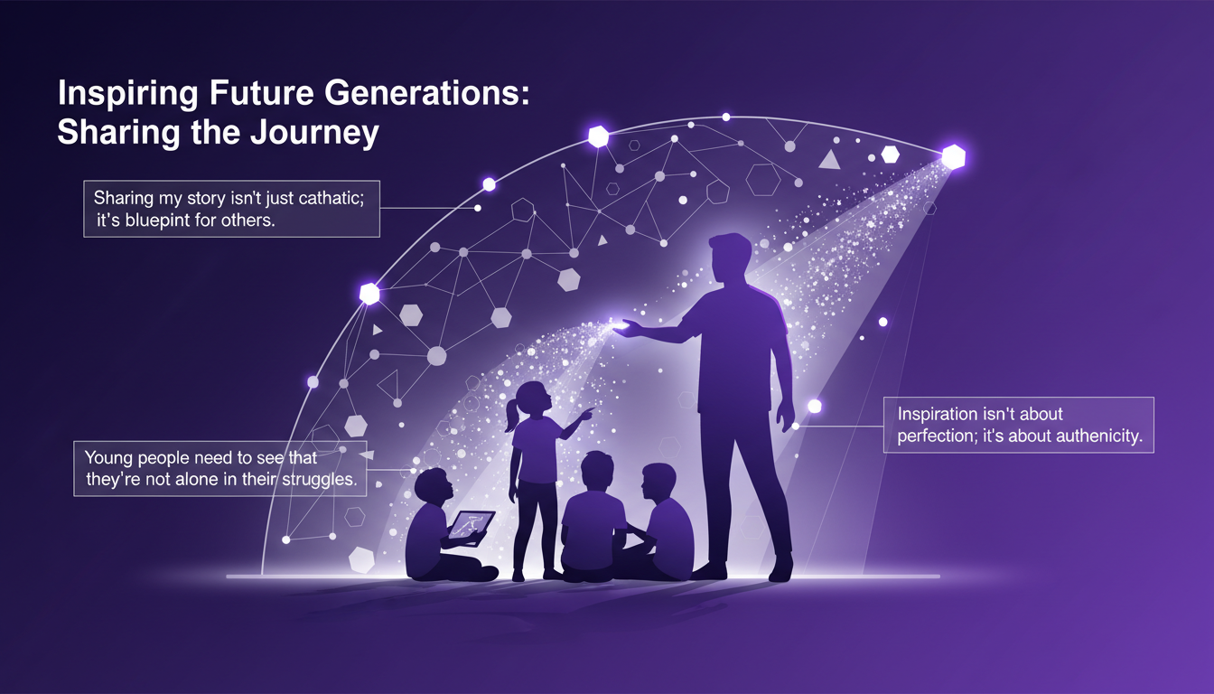 Illustration moderne minimaliste inspirant les jeunes à travers le partage d'histoires authentiques, avec des formes géométriques et dégradés violets.