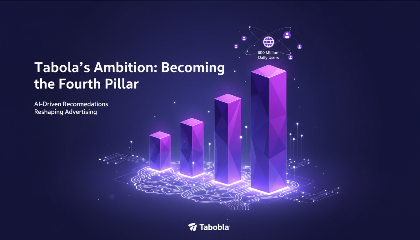 Illustration moderne de Taboola visant à devenir le quatrième pilier de la publicité, utilisant l'IA pour toucher 600 millions d'utilisateurs.