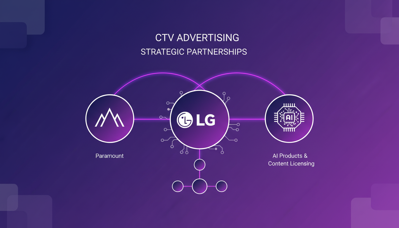Illustration moderne de la publicité CTV, partenariat stratégique avec Paramount et LG, technologie IA, minimaliste, indigo et violet.