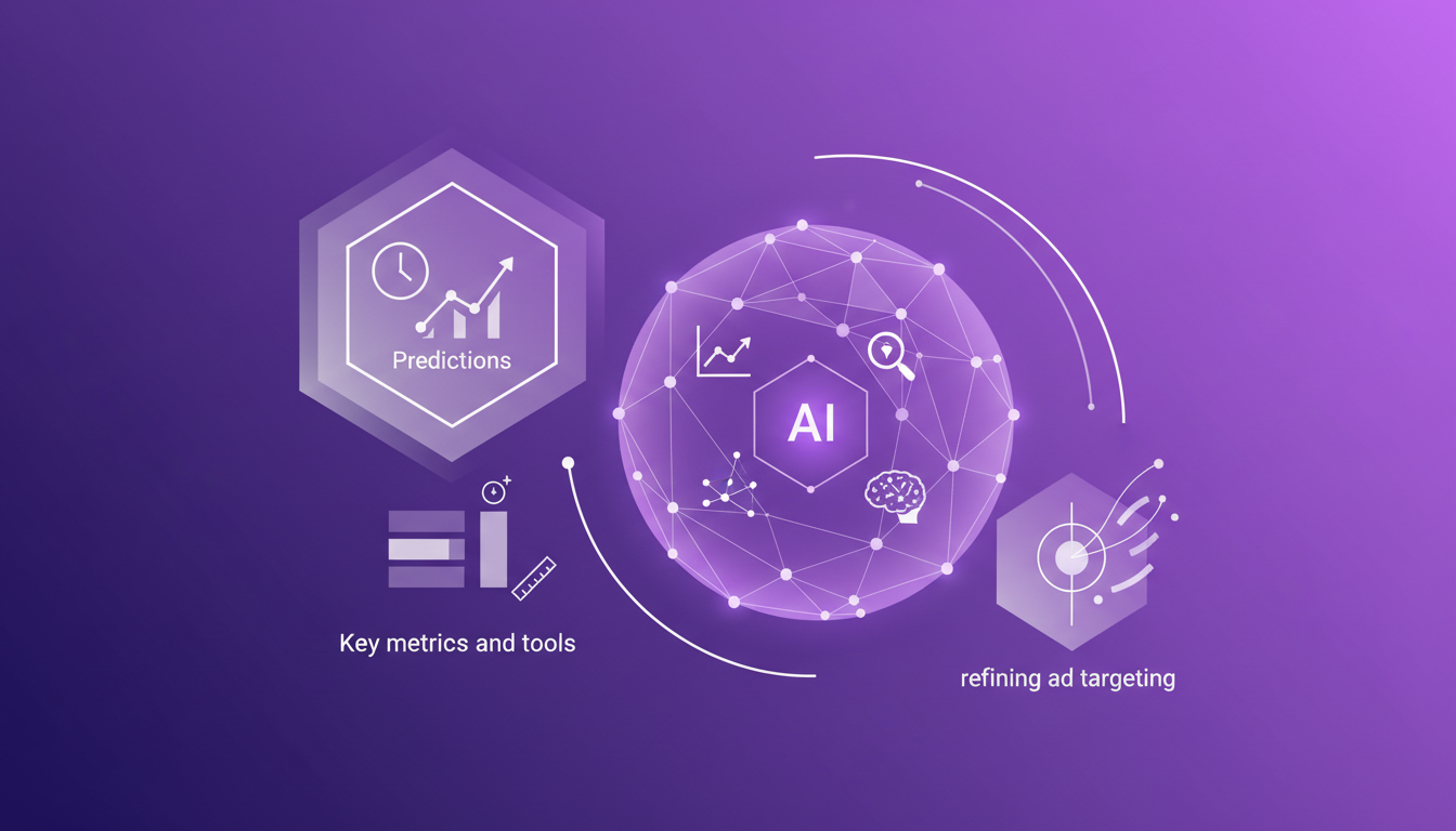 Illustration moderne sur l'avenir de la publicité de performance et mesure, intégrant l'IA, avec formes géométriques et dégradés violets.