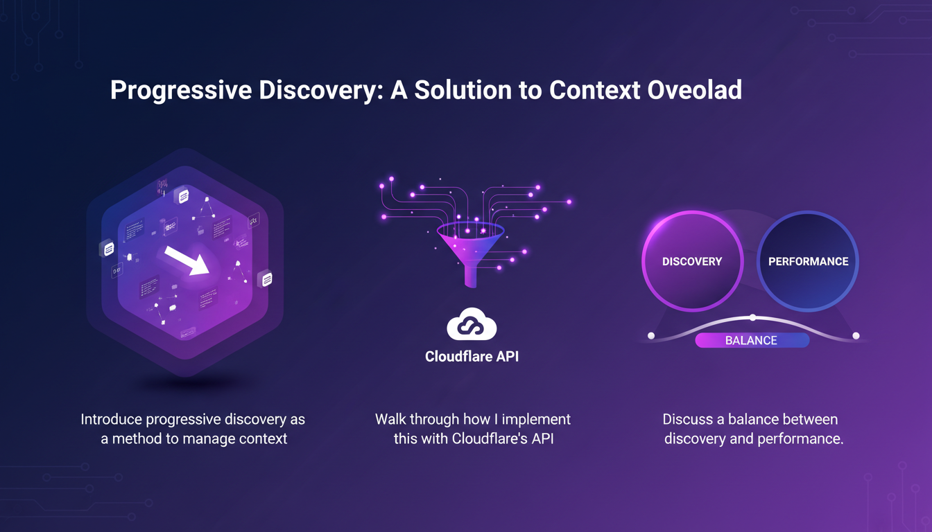 Modern illustration of progressive discovery as a solution to context overload using Cloudflare API, minimalist style.