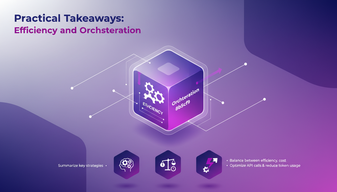 Modern illustration of MCP strategies, balancing efficiency, cost, and orchestration, optimizing API calls, indigo and violet gradients.
