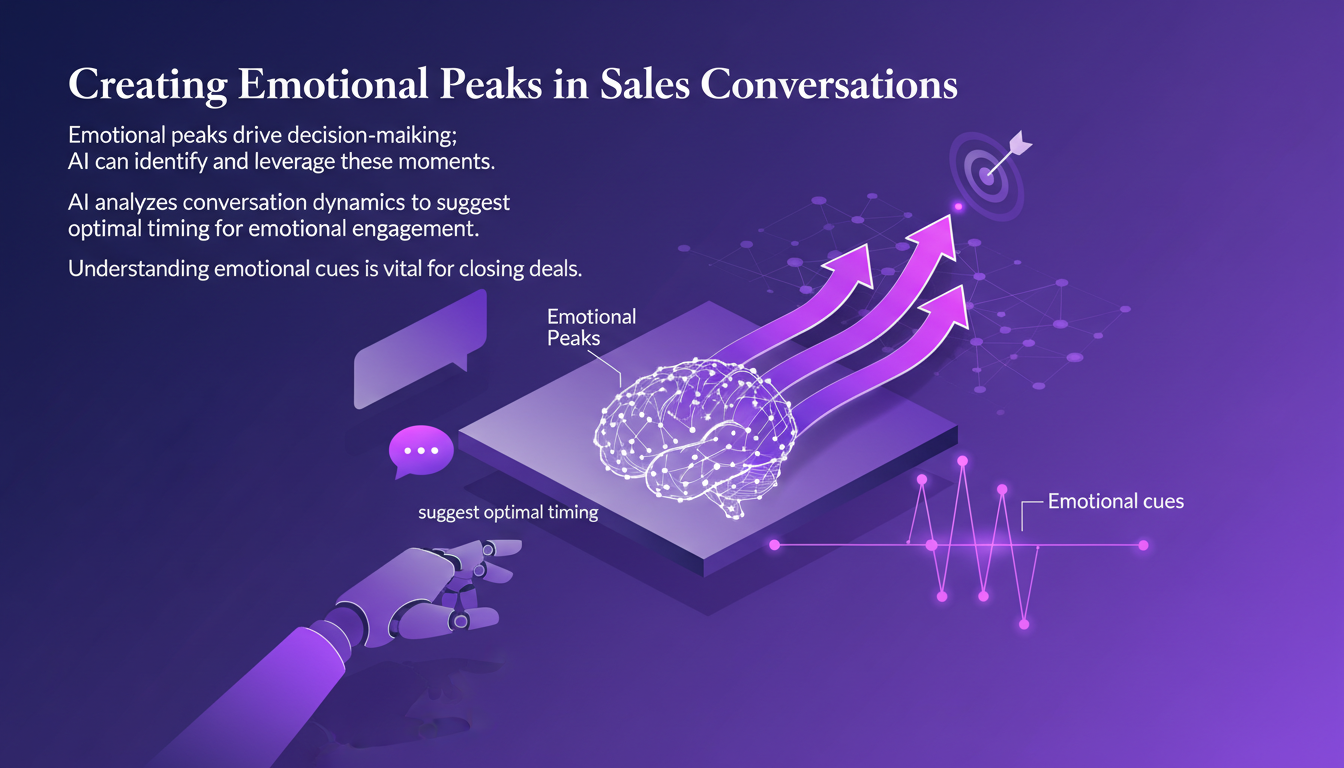 Modern illustration of emotional peaks in sales conversations, featuring AI analyzing dynamics to optimize engagement timing.
