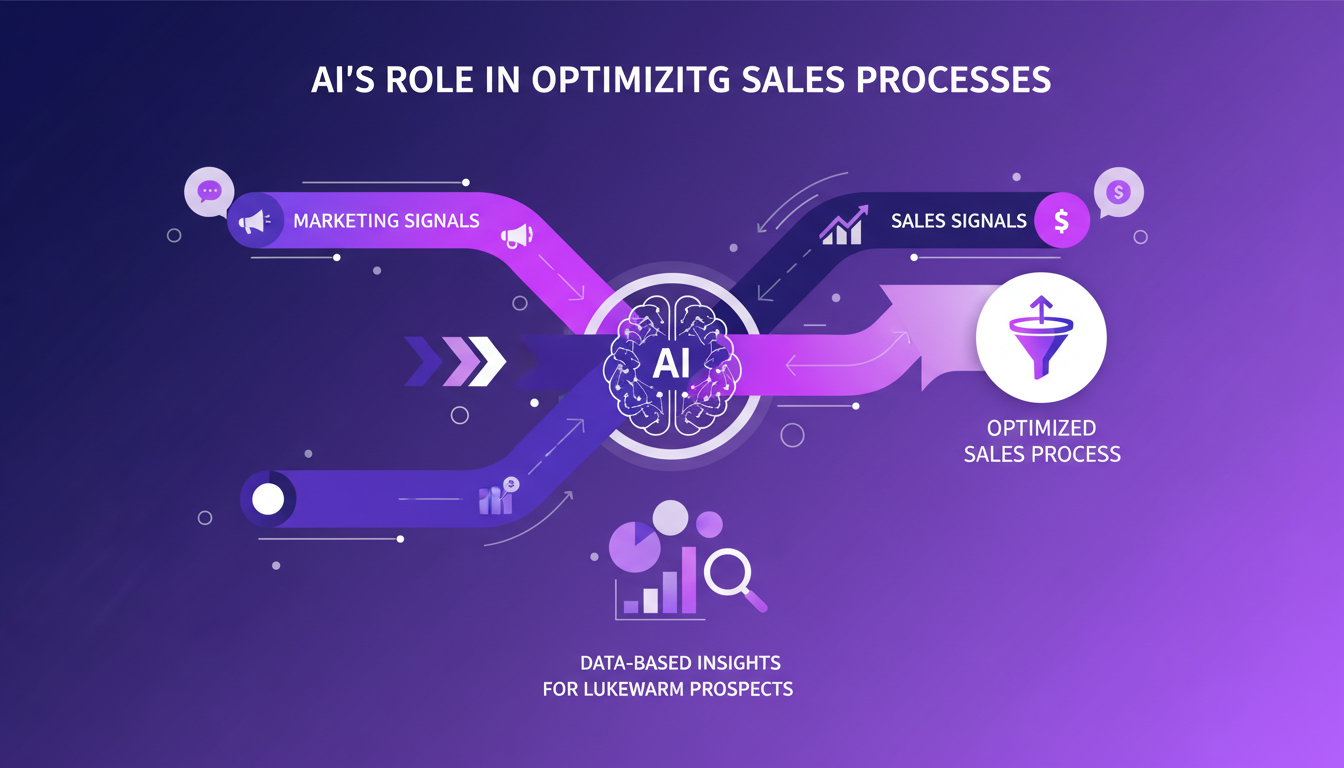 Modern illustration of AI optimizing sales processes, featuring geometric shapes and indigo and violet hues for a blog article.