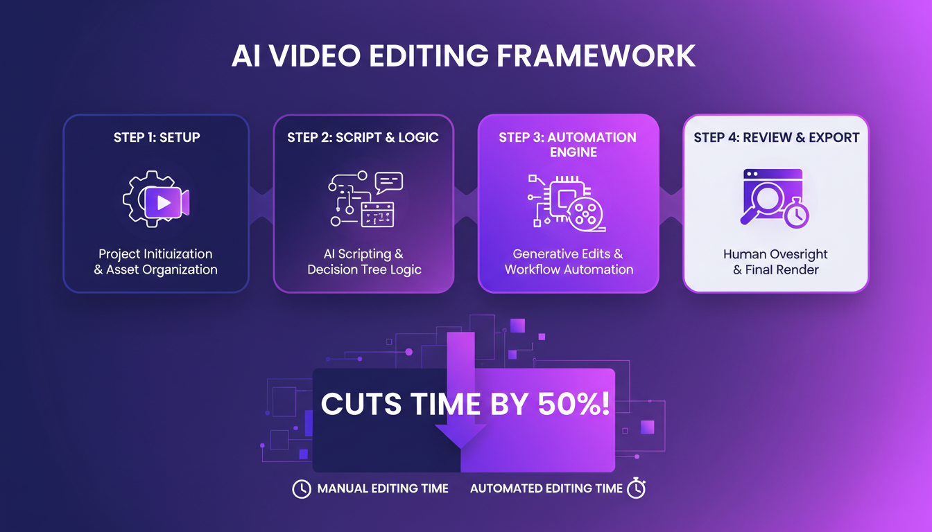 Illustration moderne d'un cadre d'automatisation du montage vidéo, mettant en avant un processus en quatre étapes pour réduire le temps de montage de 50%.