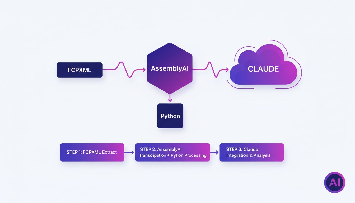 Illustration moderne du flux de travail technique avec FCPXML, AssemblyAI, Python et Claude, utilisant des formes géométriques et dégradés.