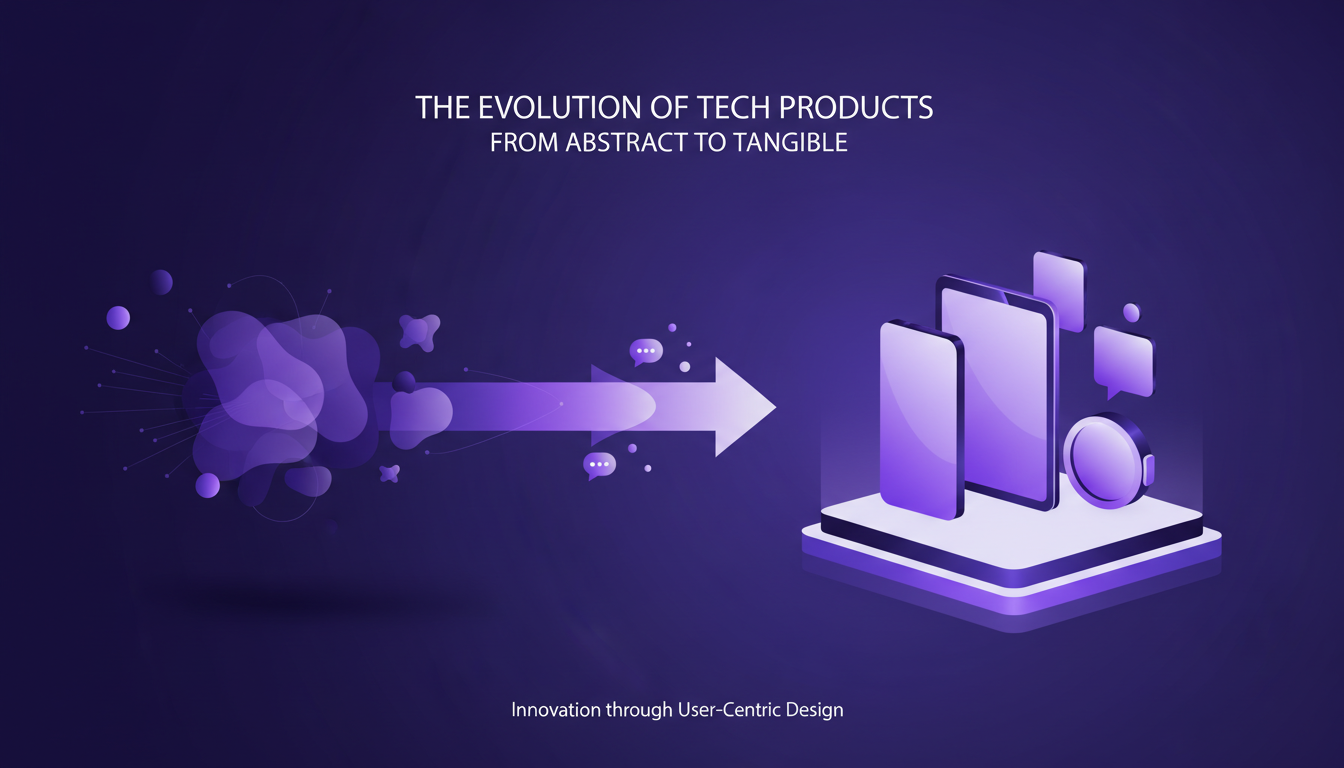 Modern illustration of tech product evolution from abstract concepts to tangible items, featuring geometric shapes and gradient overlays.