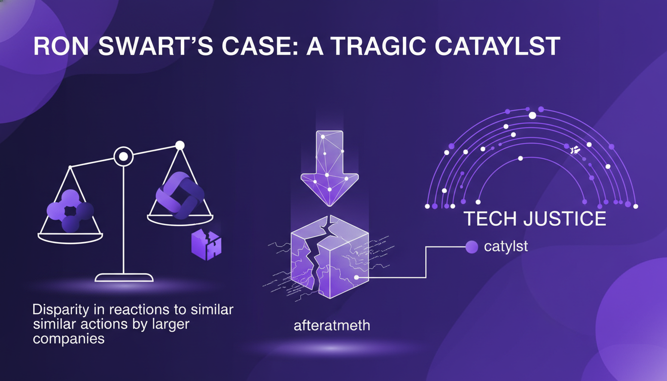 Modern illustration of Ron Swart's case as a tragic catalyst, featuring geometric shapes and violet gradients, symbolizing tech justice implications.