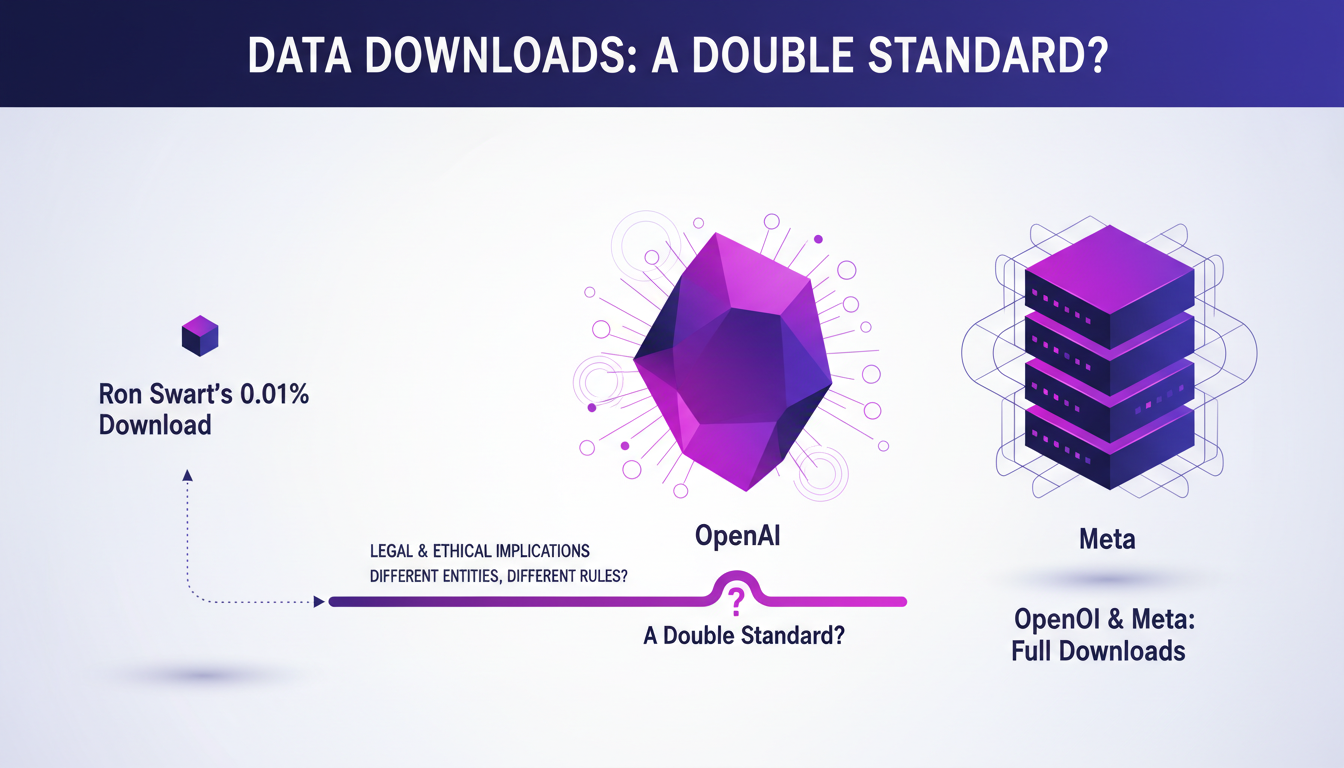 Modern illustration of data downloads comparing Ron Swart to Open AI and Meta, highlighting legal and ethical implications.