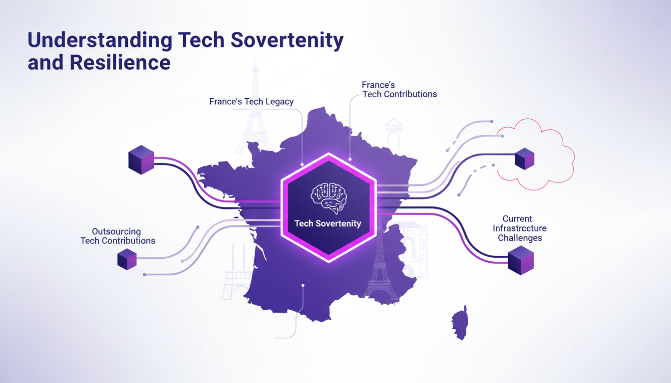 Illustration moderne sur la souveraineté technologique, montrant des formes géométriques et des dégradés en indigo et violet, symbolisant l'innovation en IA.