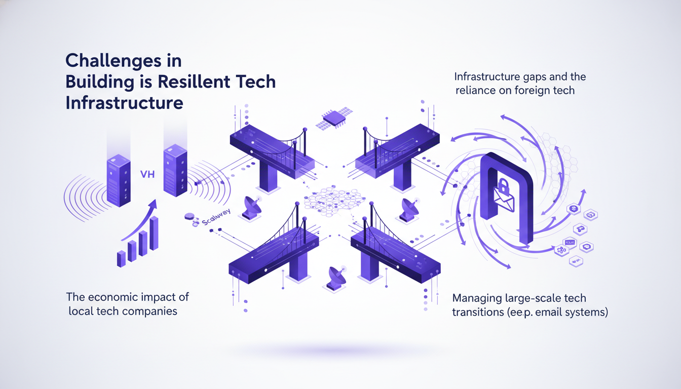 Illustration moderne des défis de l'infrastructure tech résiliente, avec formes géométriques et nuances indigo, violet, blanc.
