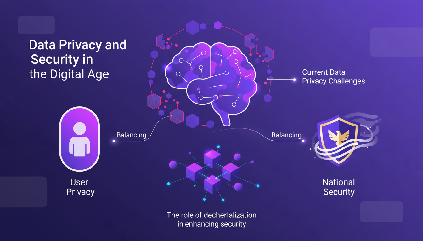 Illustration moderne de la confidentialité des données à l'ère numérique, avec des formes géométriques et des dégradés violet et indigo.