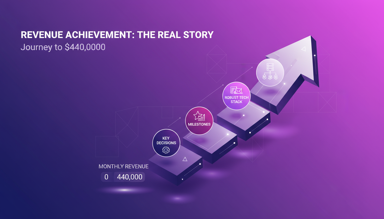 Illustration moderne sur fond indigo illustrant l'histoire de la réussite des revenus de 440 000 $ par mois grâce à une technologie robuste.