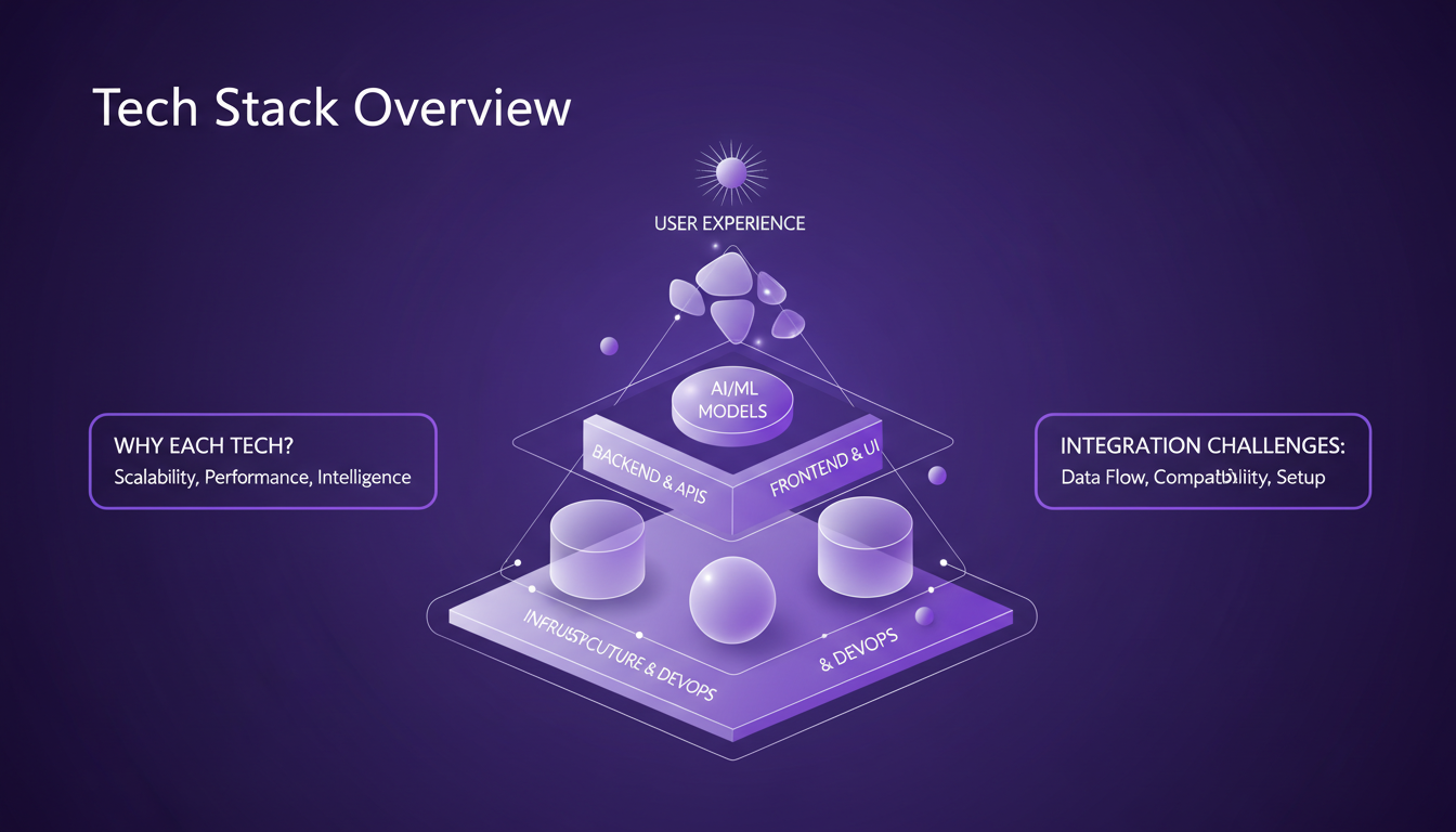 Illustration moderne de l'aperçu de la pile technologique avec des formes géométriques et des dégradés, symbolisant l'intégration AI.