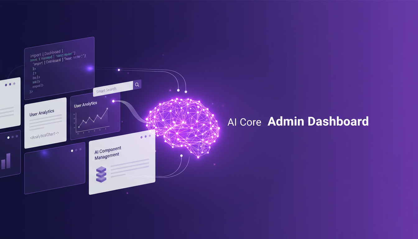 Illustration moderne de tableaux de bord admin intégrant l'IA avec Next.js et React, montrant des formes géométriques et des dégradés indigo.