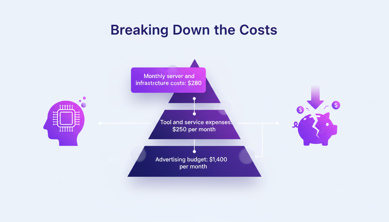 Modern minimalist illustration of AI monthly costs: servers $280, tools $250, advertising $1,400. Indigo and violet palette.