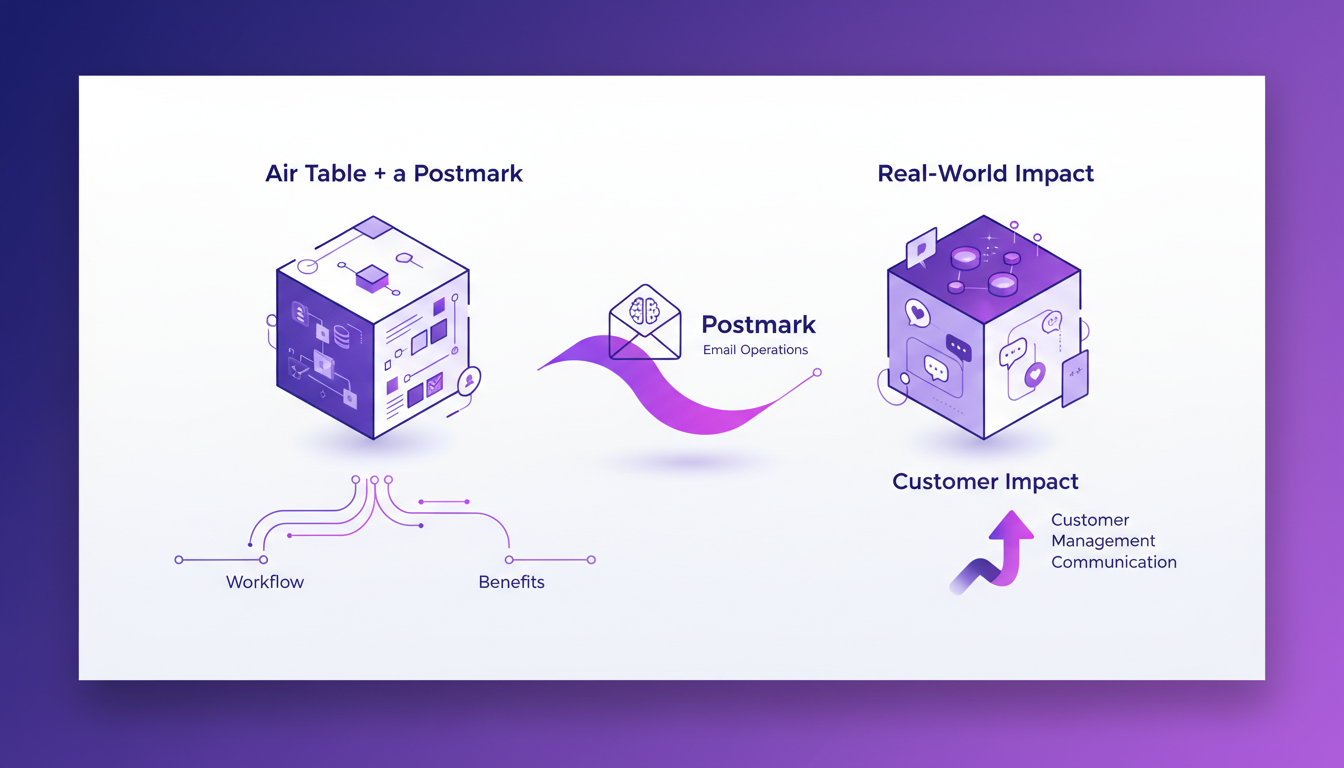 Modern illustration of integrating Air Table and Postmark with geometric shapes and violet gradients, highlighting impact on customer management.