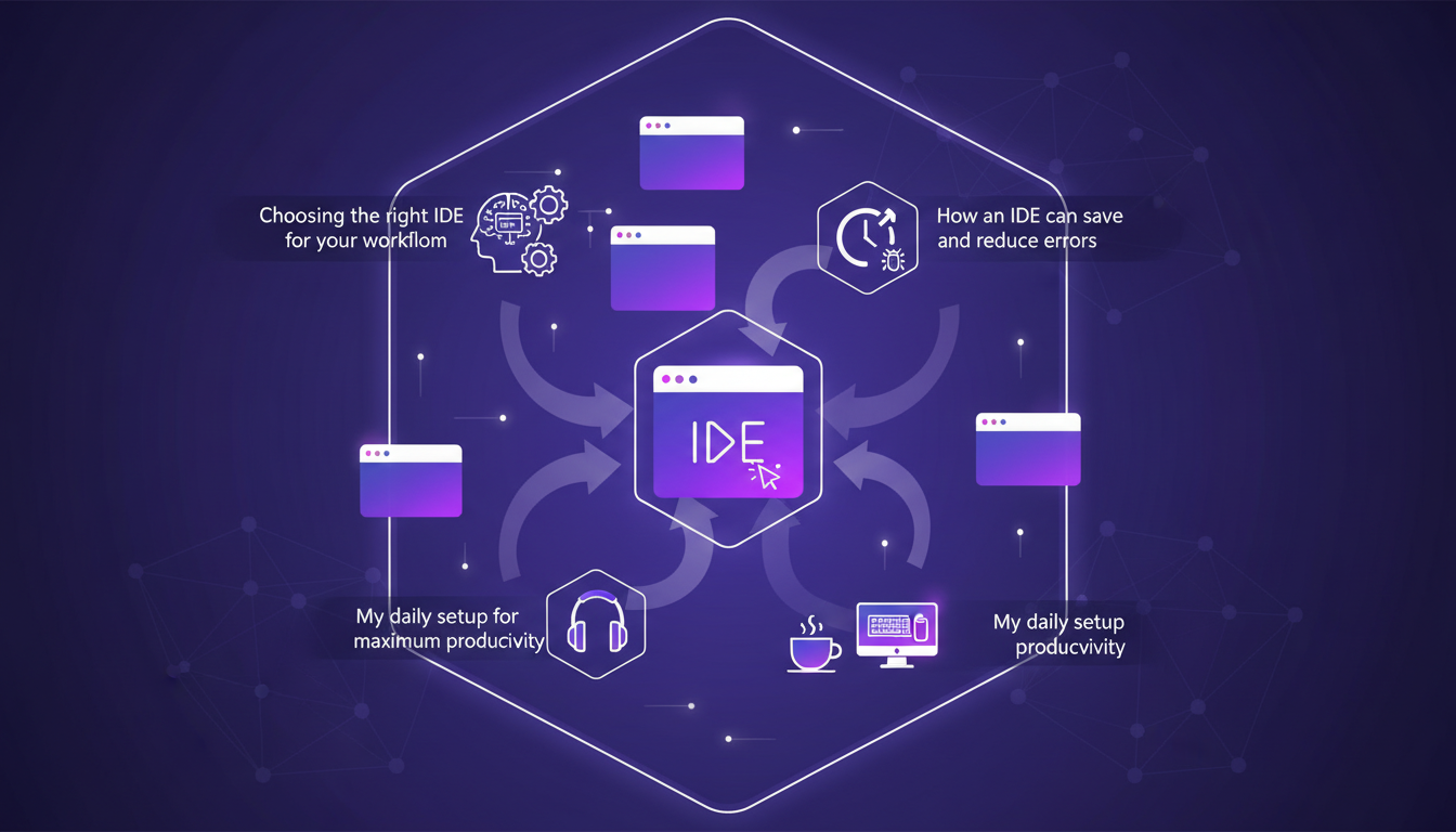 Modern illustration of an efficient development environment with geometric elements and indigo and violet tones.