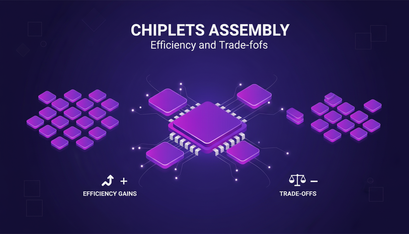 Illustration moderne de l'assemblage de chiplets, montrant modularité et efficacité, avec des formes géométriques et des dégradés violets.